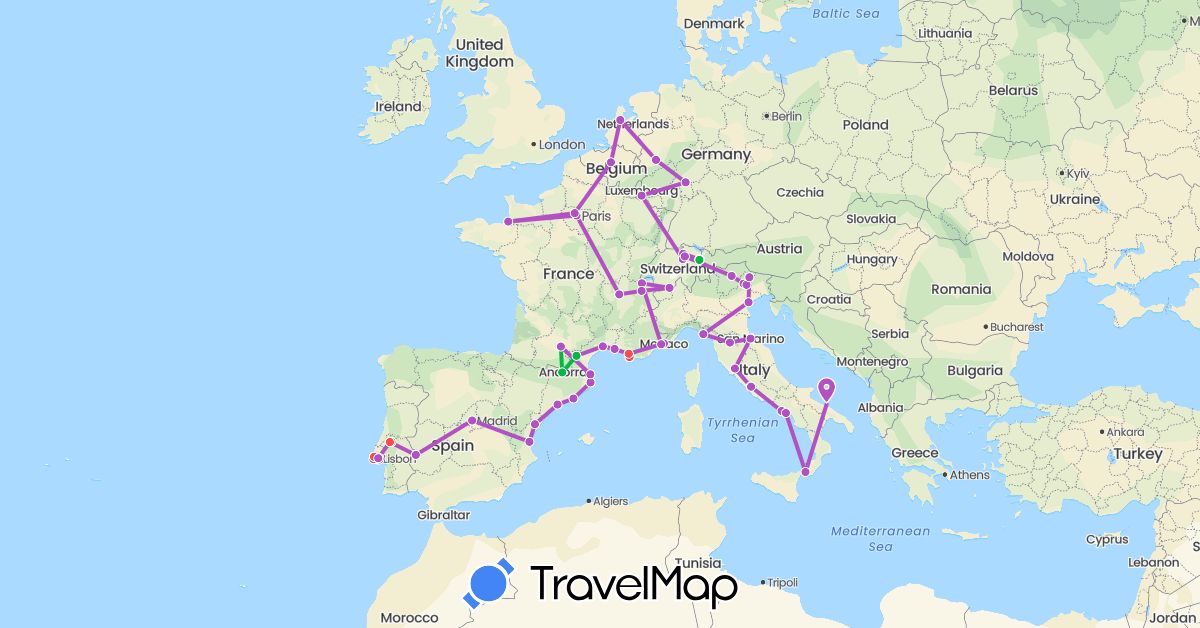 TravelMap itinerary: bus, train, hiking in Andorra, Belgium, Switzerland, Germany, Spain, France, Italy, Liechtenstein, Luxembourg, Monaco, Netherlands, Portugal, San Marino, Vatican City (Europe)